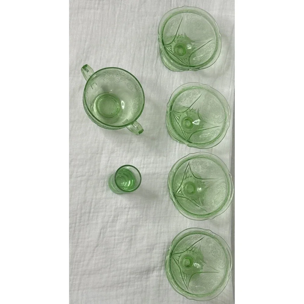 Vtg Uranium Jeanette Cherry Blossoms 4 Dessert Cups ~1 Shot Glass ~1 Sugar Bowl